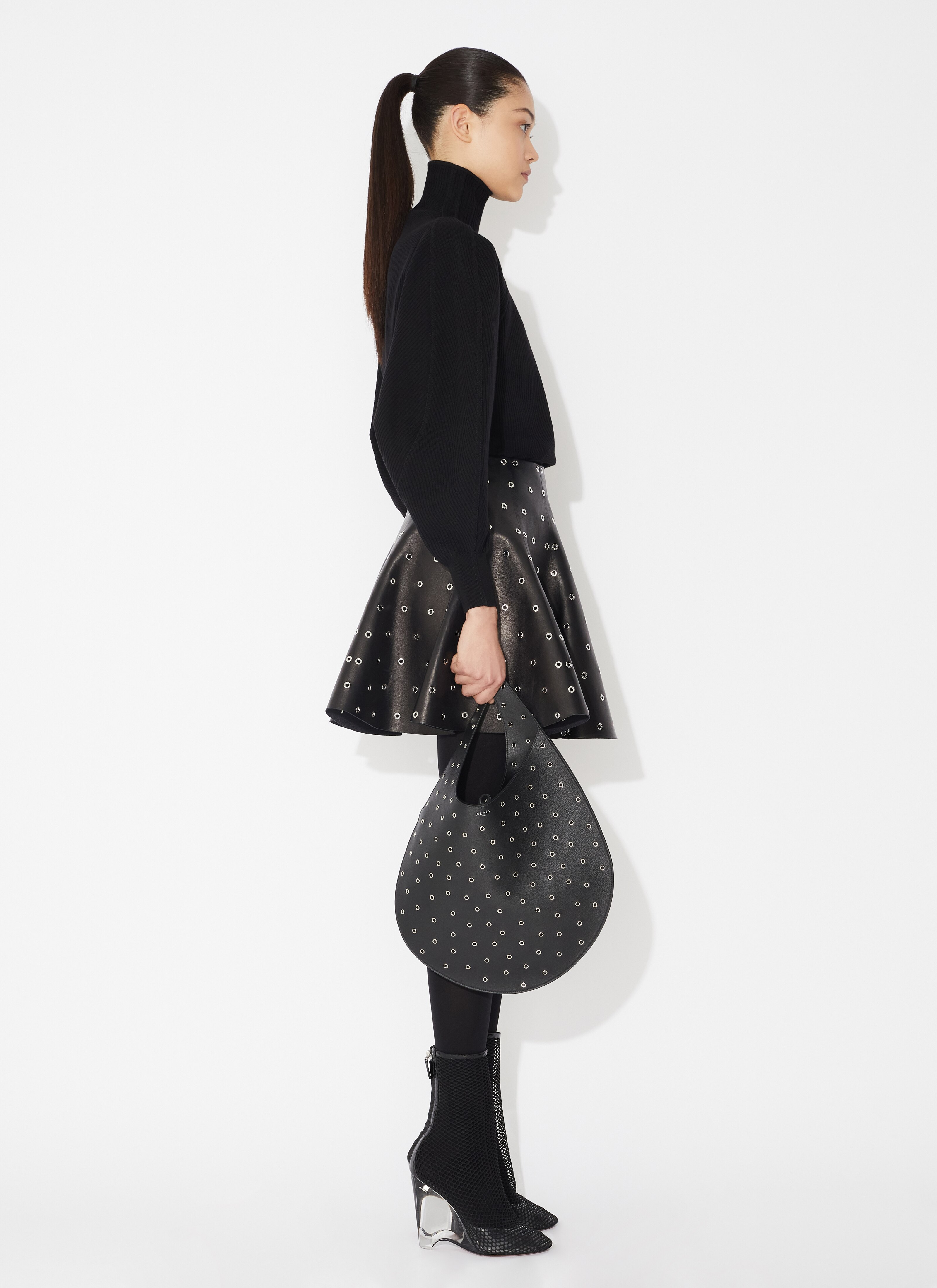 ALAÏA BLACK WOOL RIB HIGH NECK JUMPER