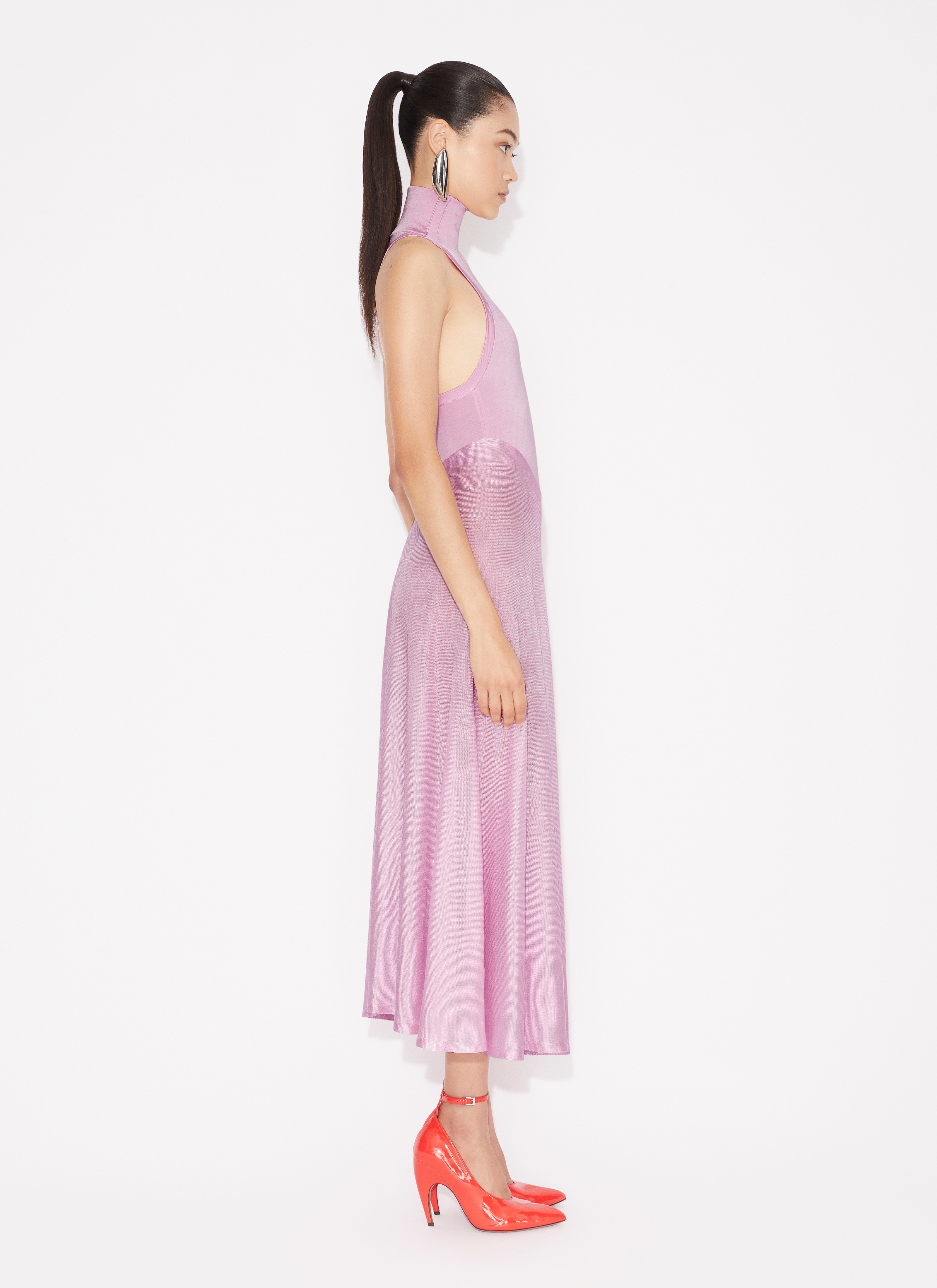 ALAÏA PINK SHINY FLARED DRESS