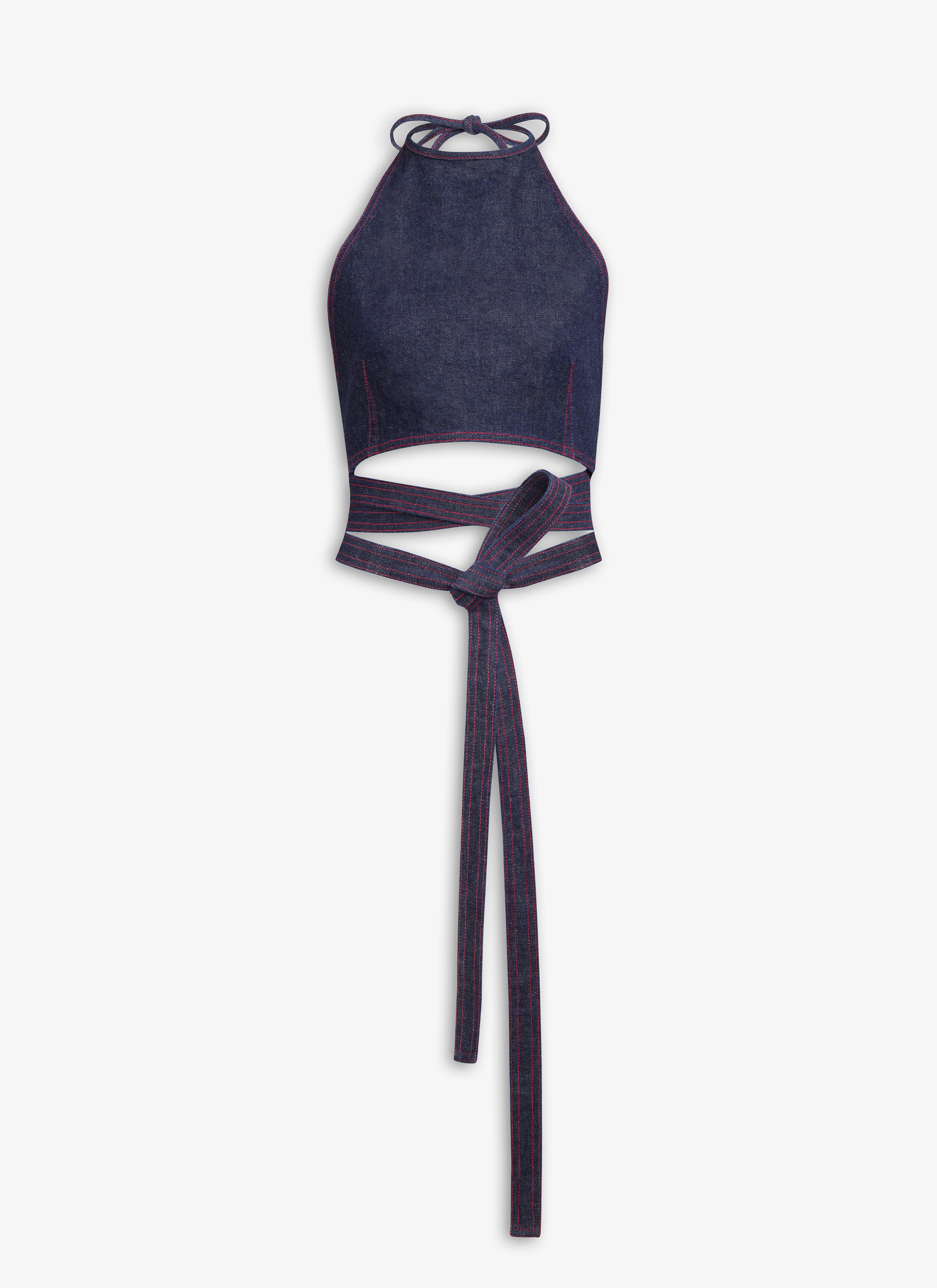 ALAÏA BLUE JEANS CROSS OVER TOP IN RAW DENIM