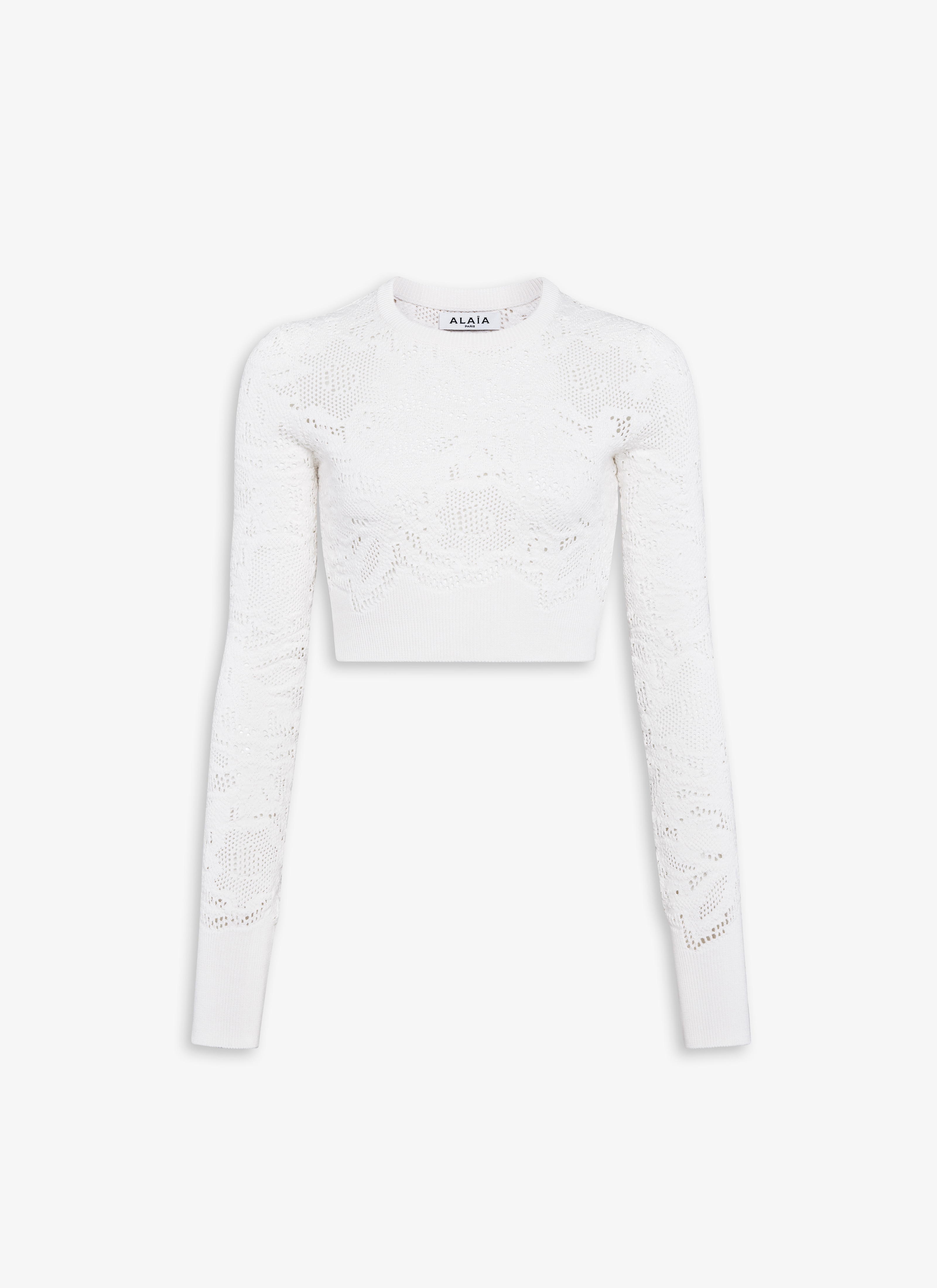 ALAÏA WHITE LONG SLEEVE TOP IN PIQUE LACE KNIT