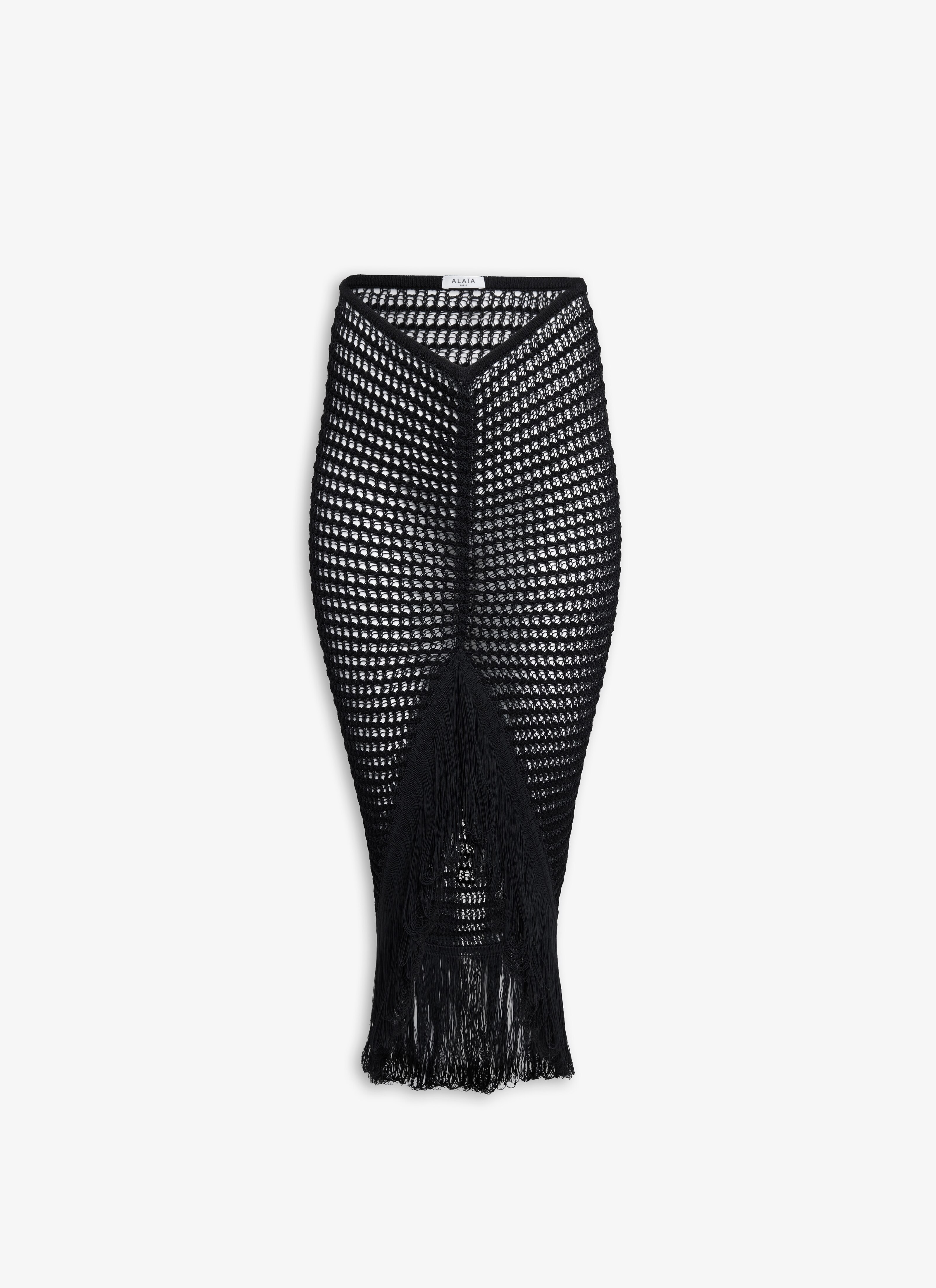 ALAÏA BLACK FRINGED BODYCON CROCHET SKIRT