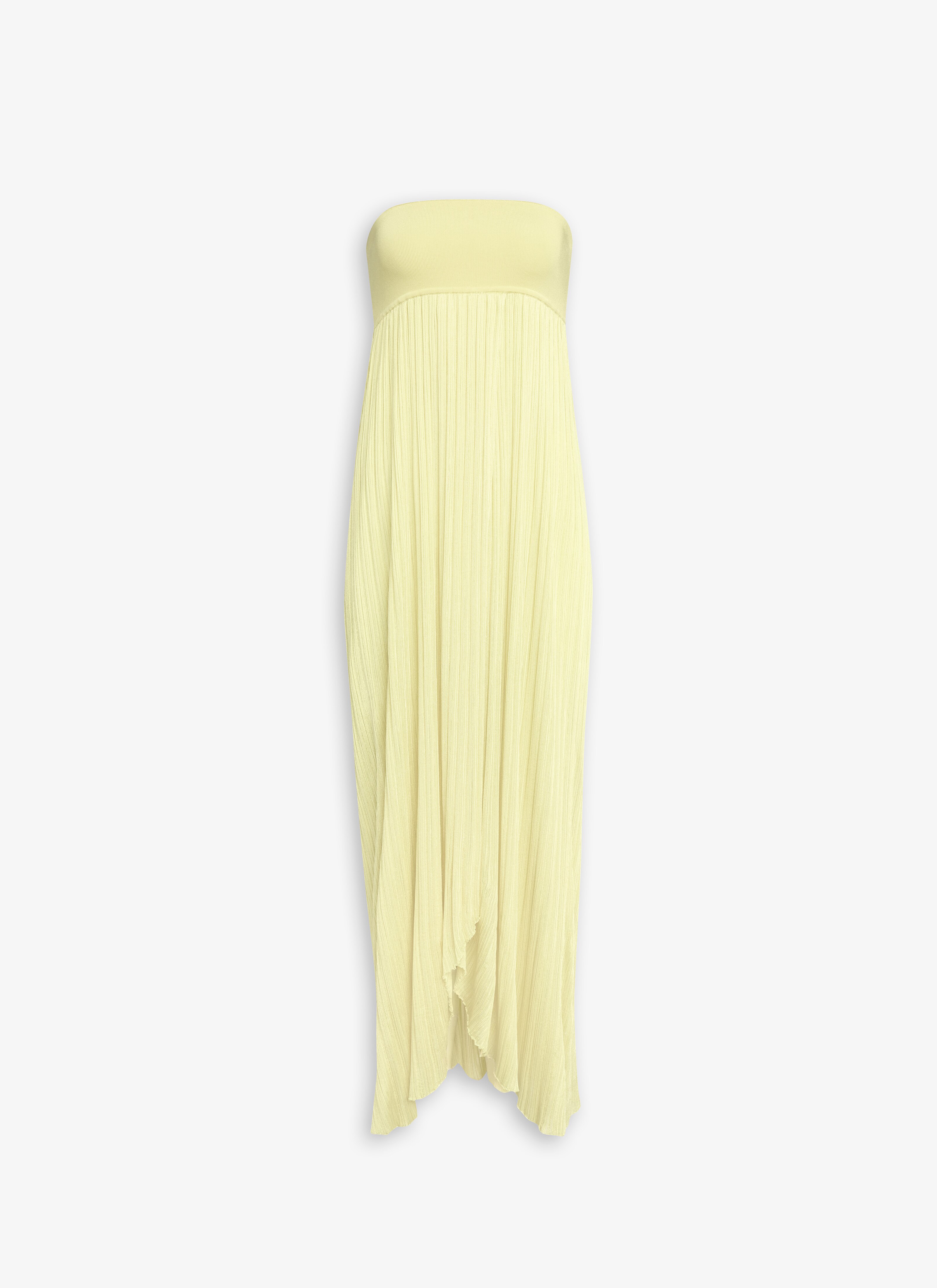 ALAÏA LIGHT YELLOW STRAPELESS DRESS IN PLEATED KNIT