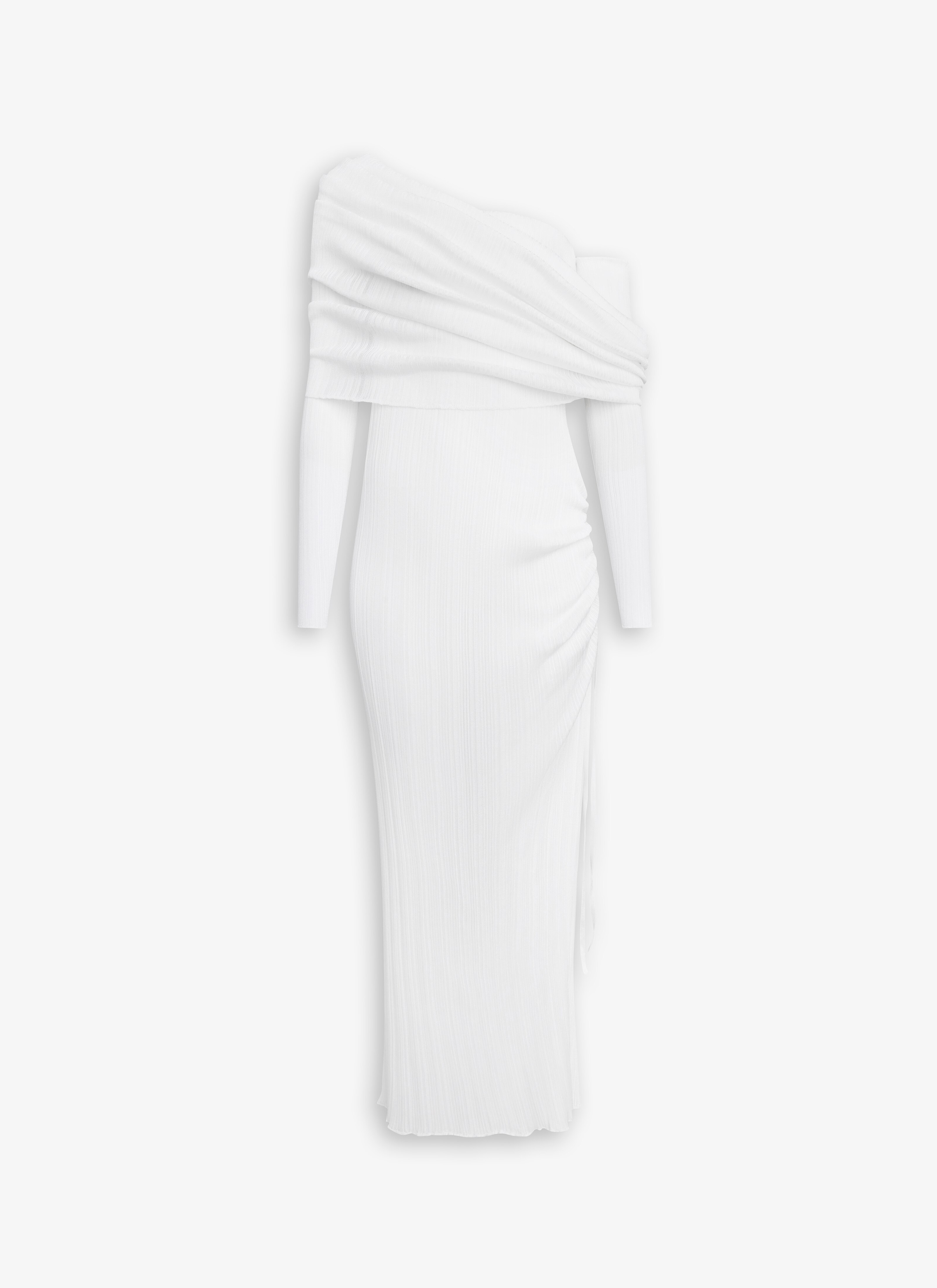 ALAÏA Women's White DRAPED OFF SHOULDER DRESS IN PLEATED KNIT | ALAÏA MA