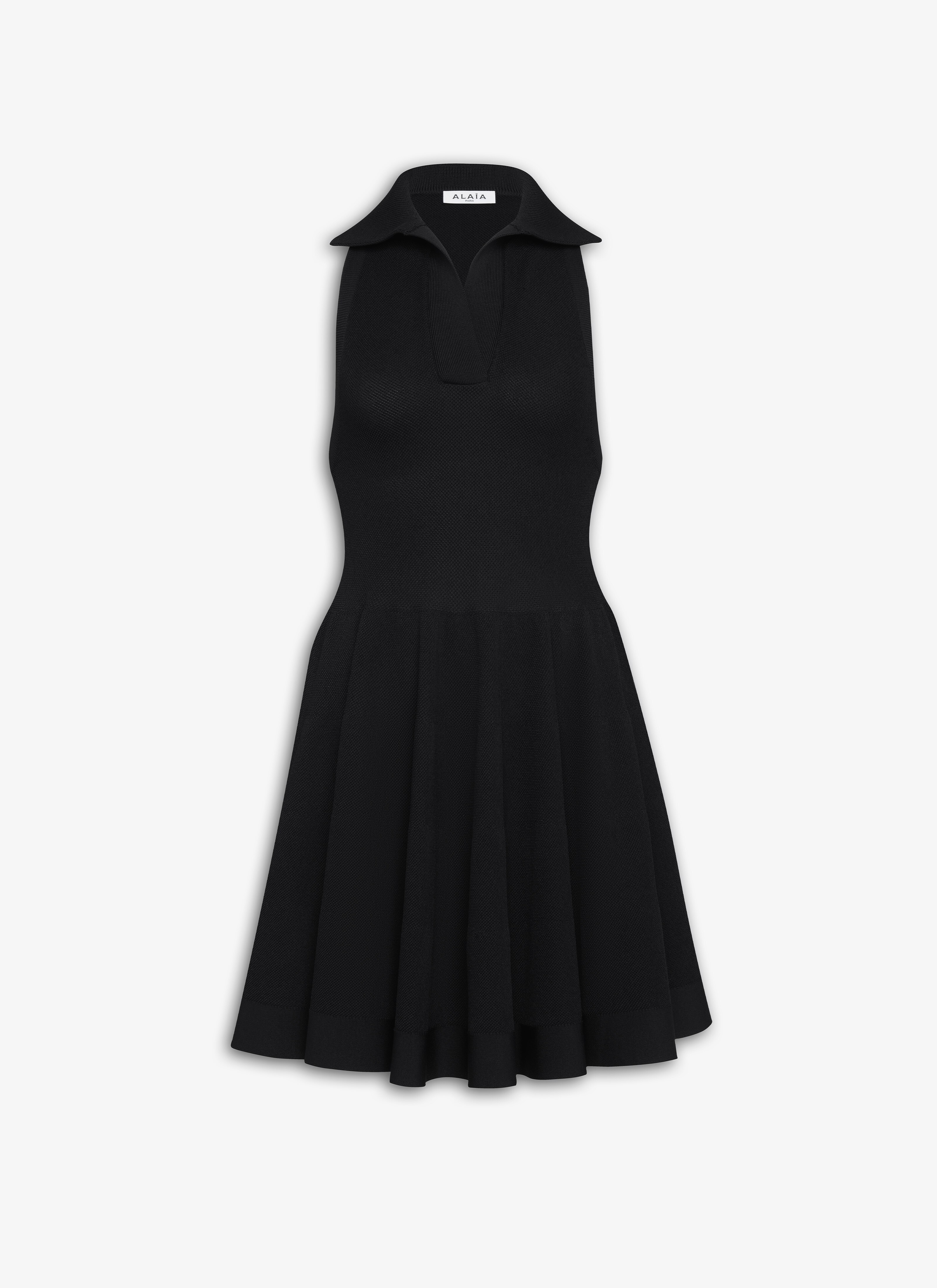 ALAÏA BLACK POLO SKATER DRESS IN PIQUE KNIT 