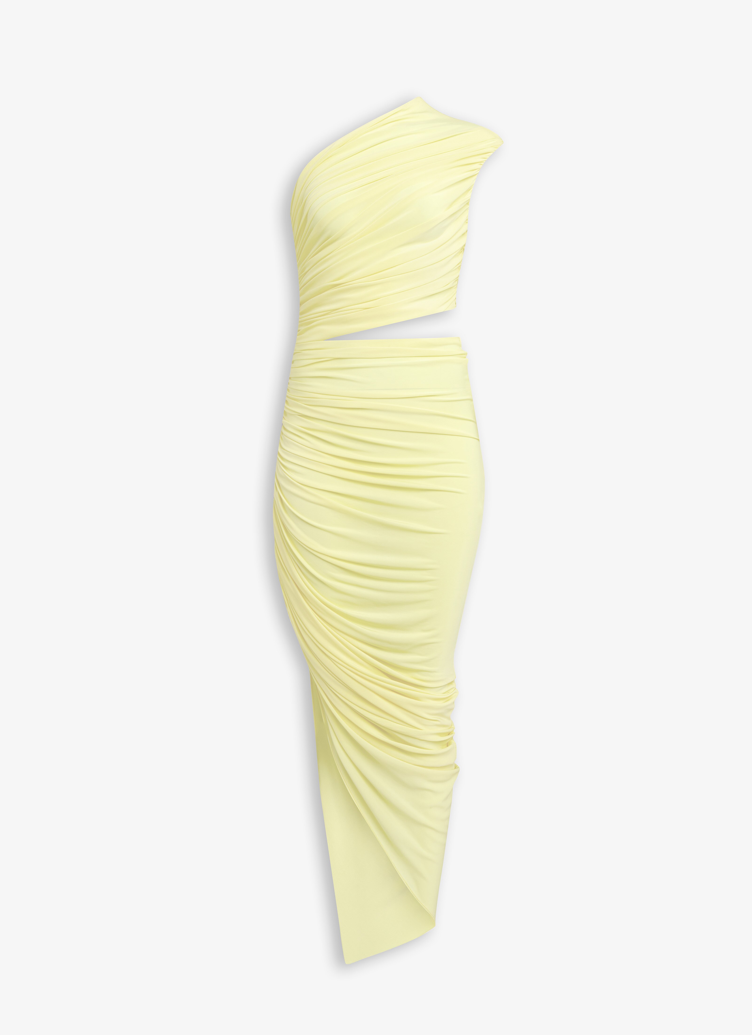 ALAÏA LIGHT YELLOW ASYMMETRICAL SECOND SKIN CUT-OUT DRESS