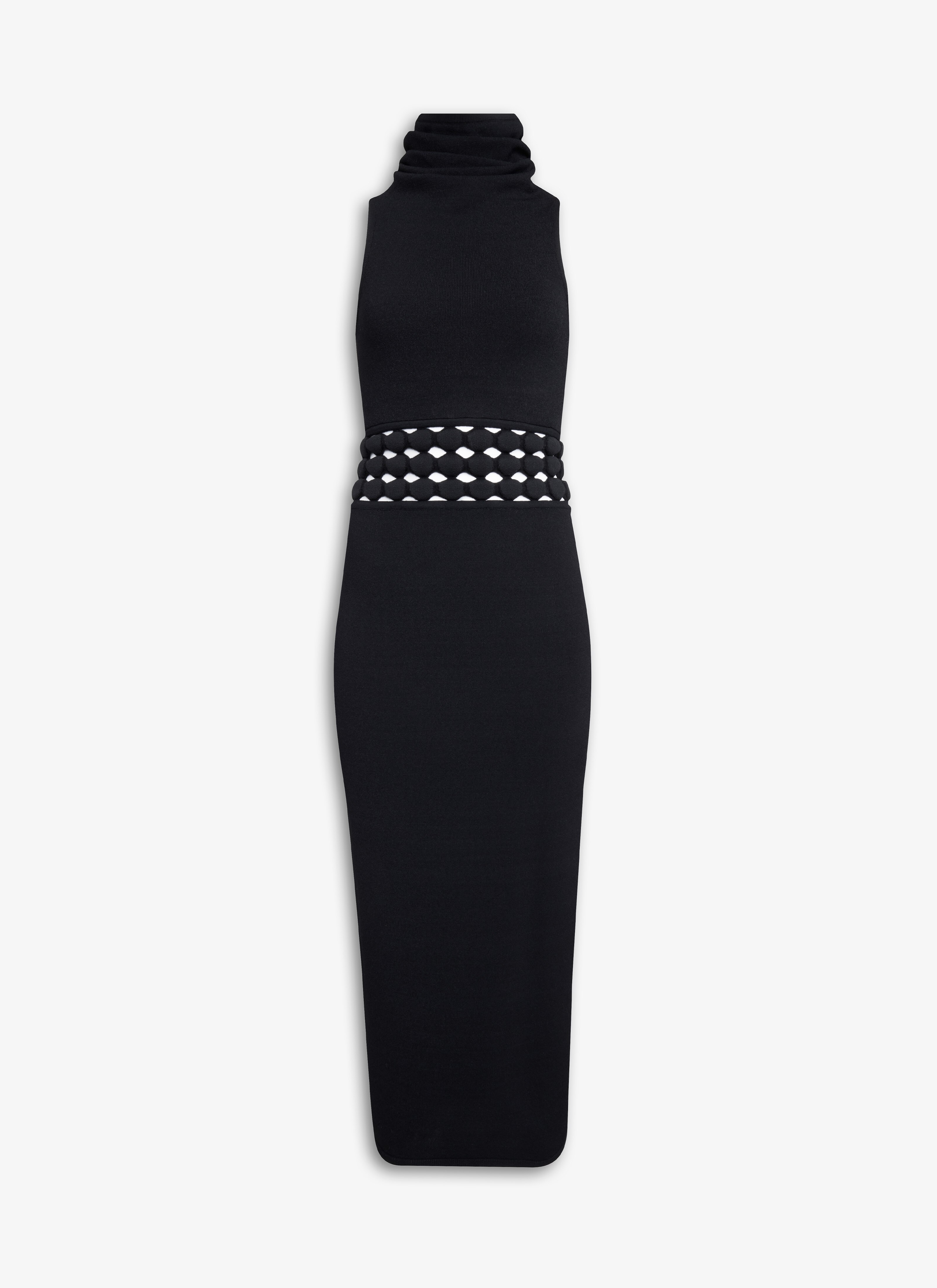 ALAÏA BLACK HOODED DRESS WITH 3D PERFORATIONS