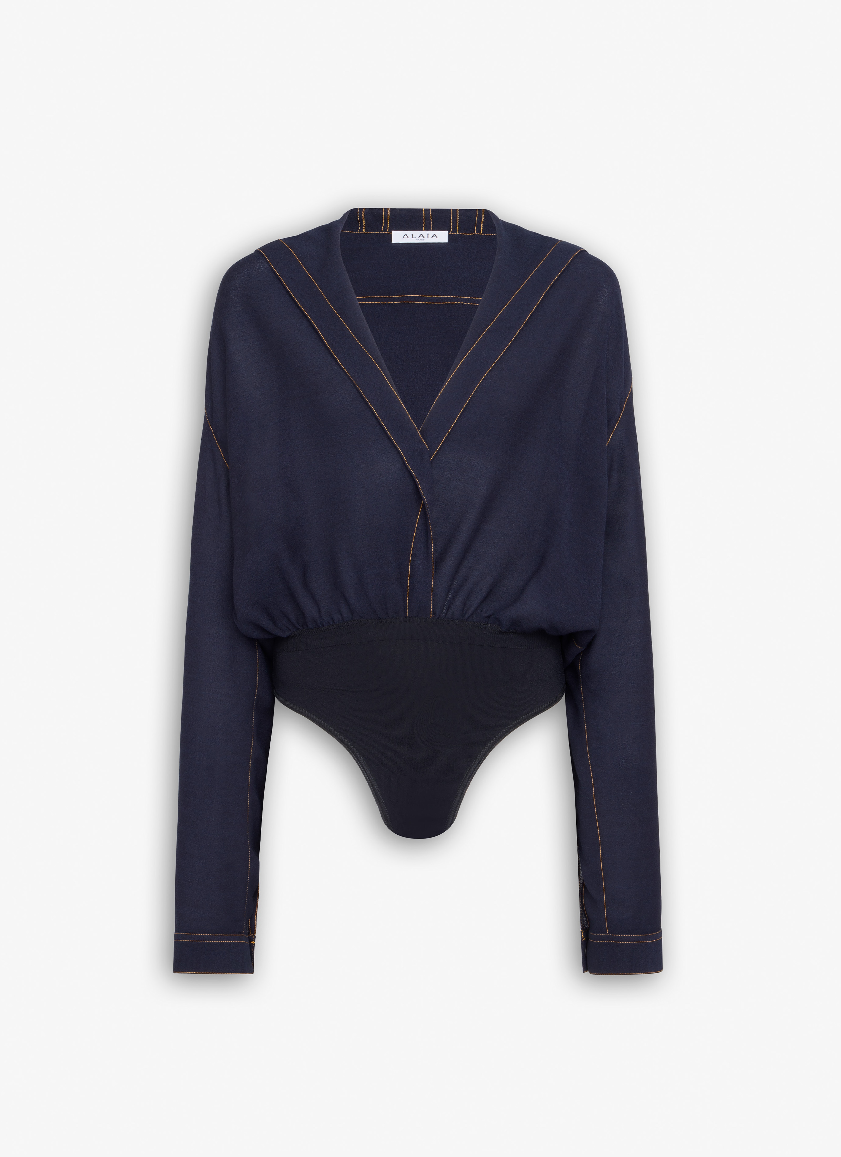 ALAÏA DENIM BLUE BODY-SHIRT MIT KAPUZE