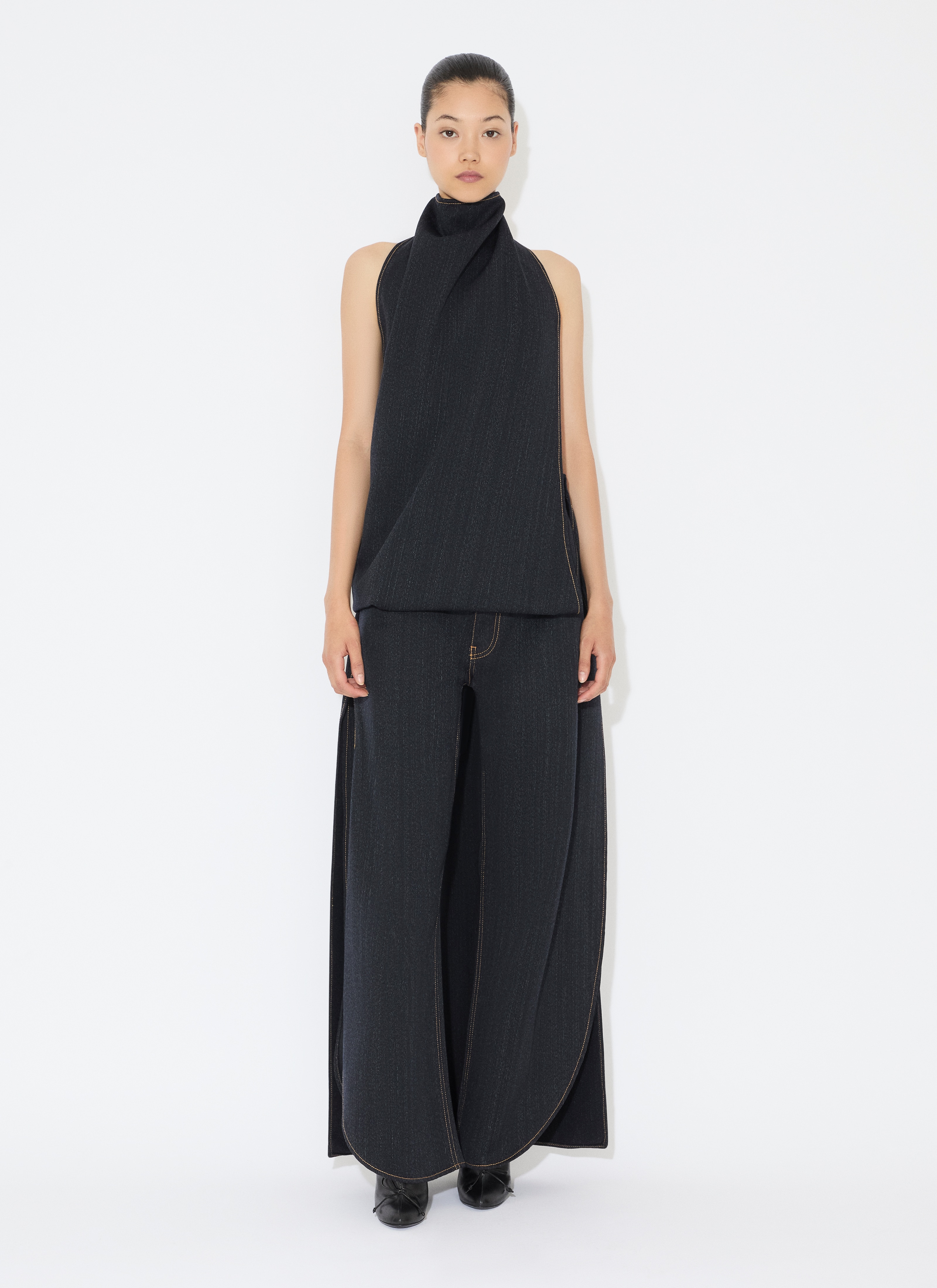 ALAÏA ASYMMETRICAL CAPE TOP IN WOOL DENIM | ALAÏA CO