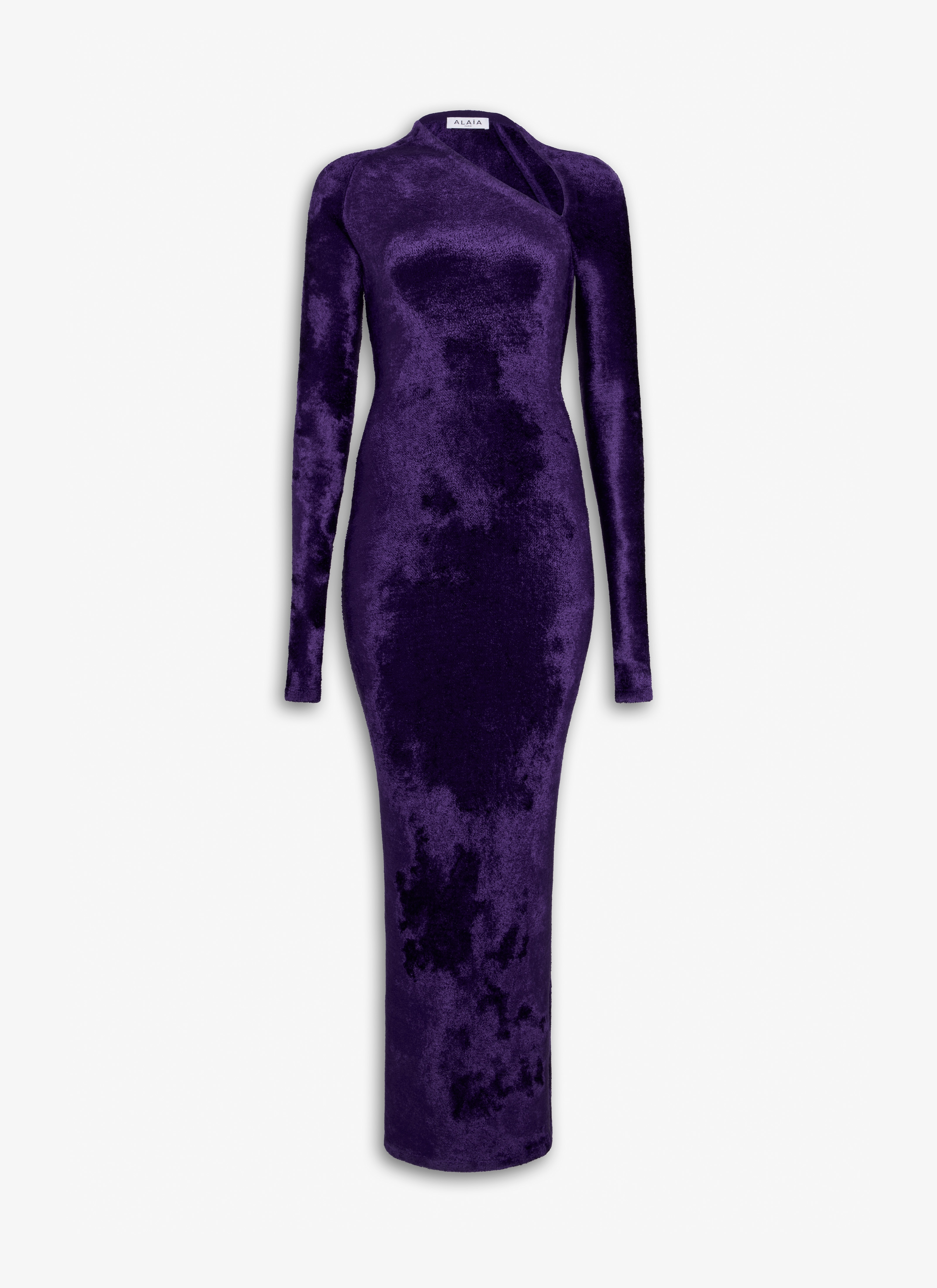 ALAÏA DARK PURPLE FIGURBETONTES MAXI-KLEID AUS GLÄNZENDEM SAMT-STRICK
