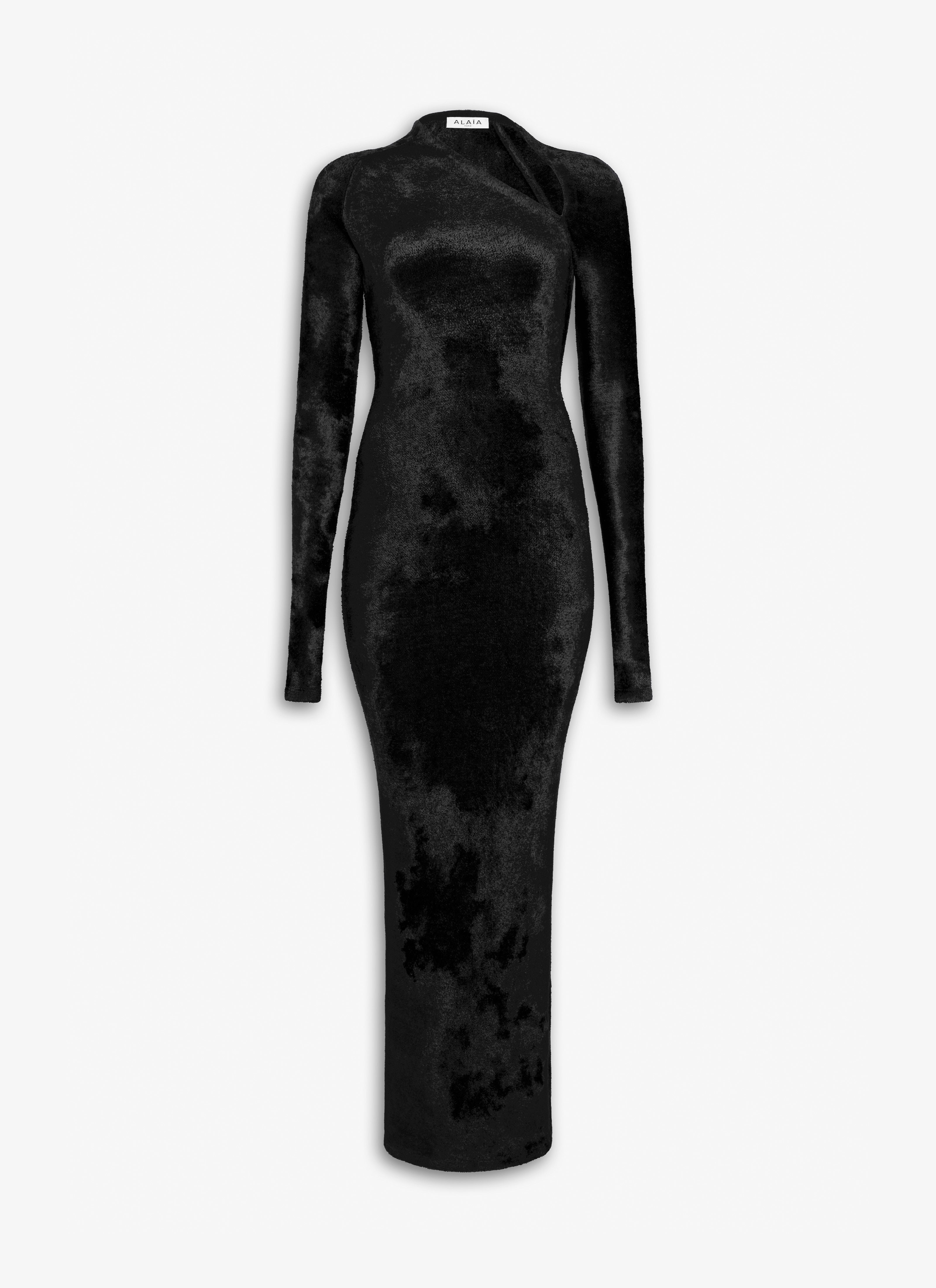 ALAÏA SCHWARZ FIGURBETONTES MAXI-KLEID AUS GLÄNZENDEM SAMT-STRICK