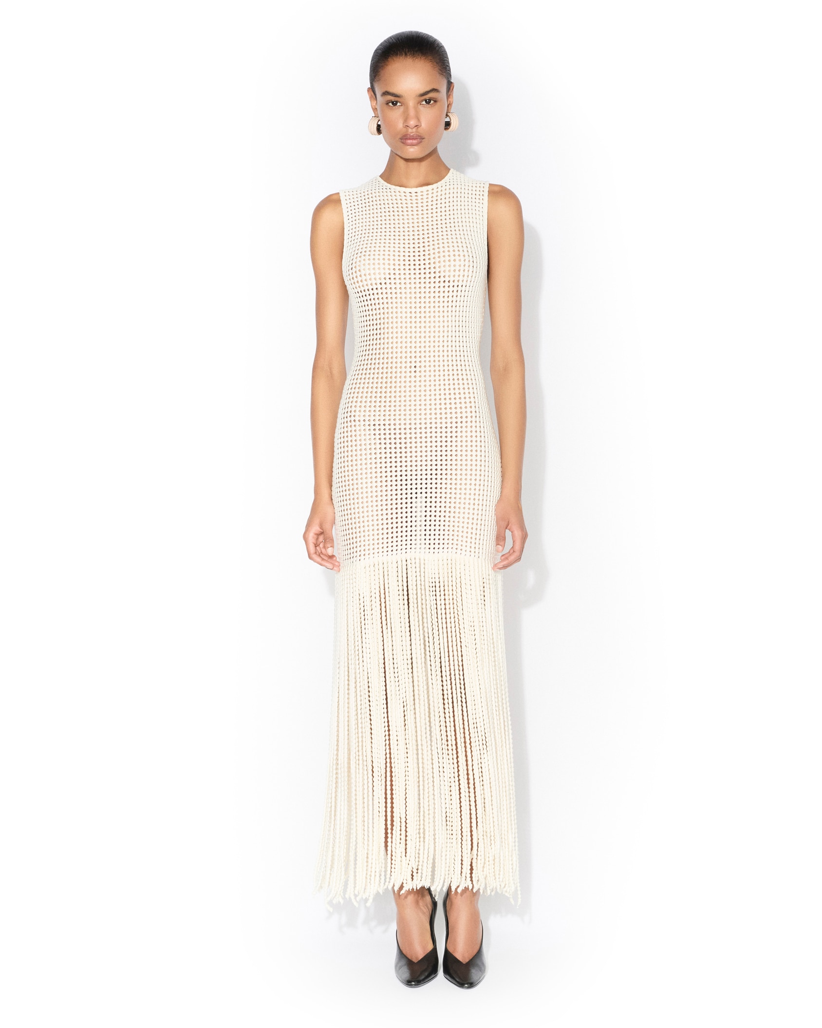 alaia white knit dress Fringed open-knit midi dress - white