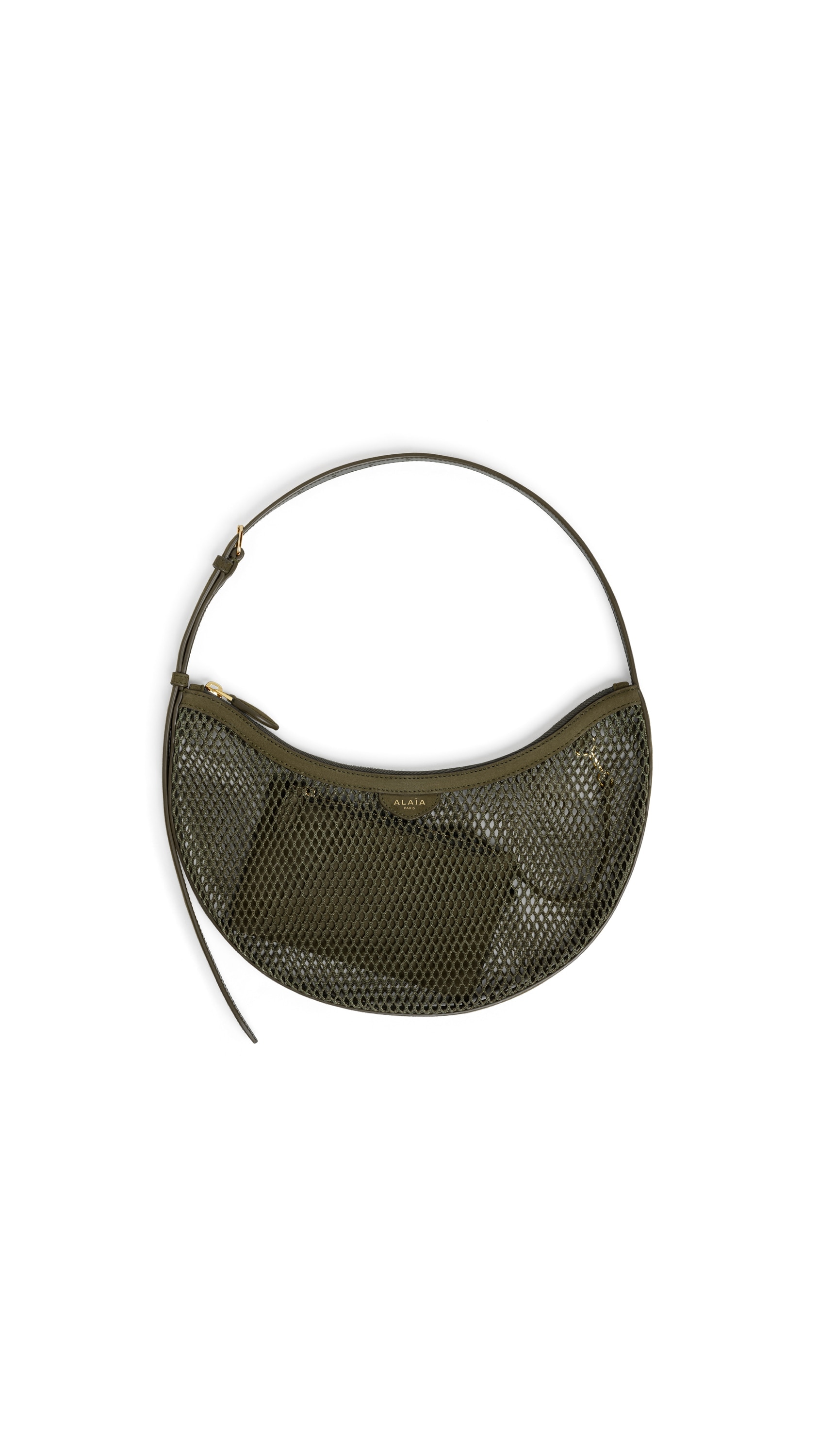 ALAÏA KAKI ONE PIECE DEMI LUNE BAG IN FISHNET AND SUEDE | ALAÏA US