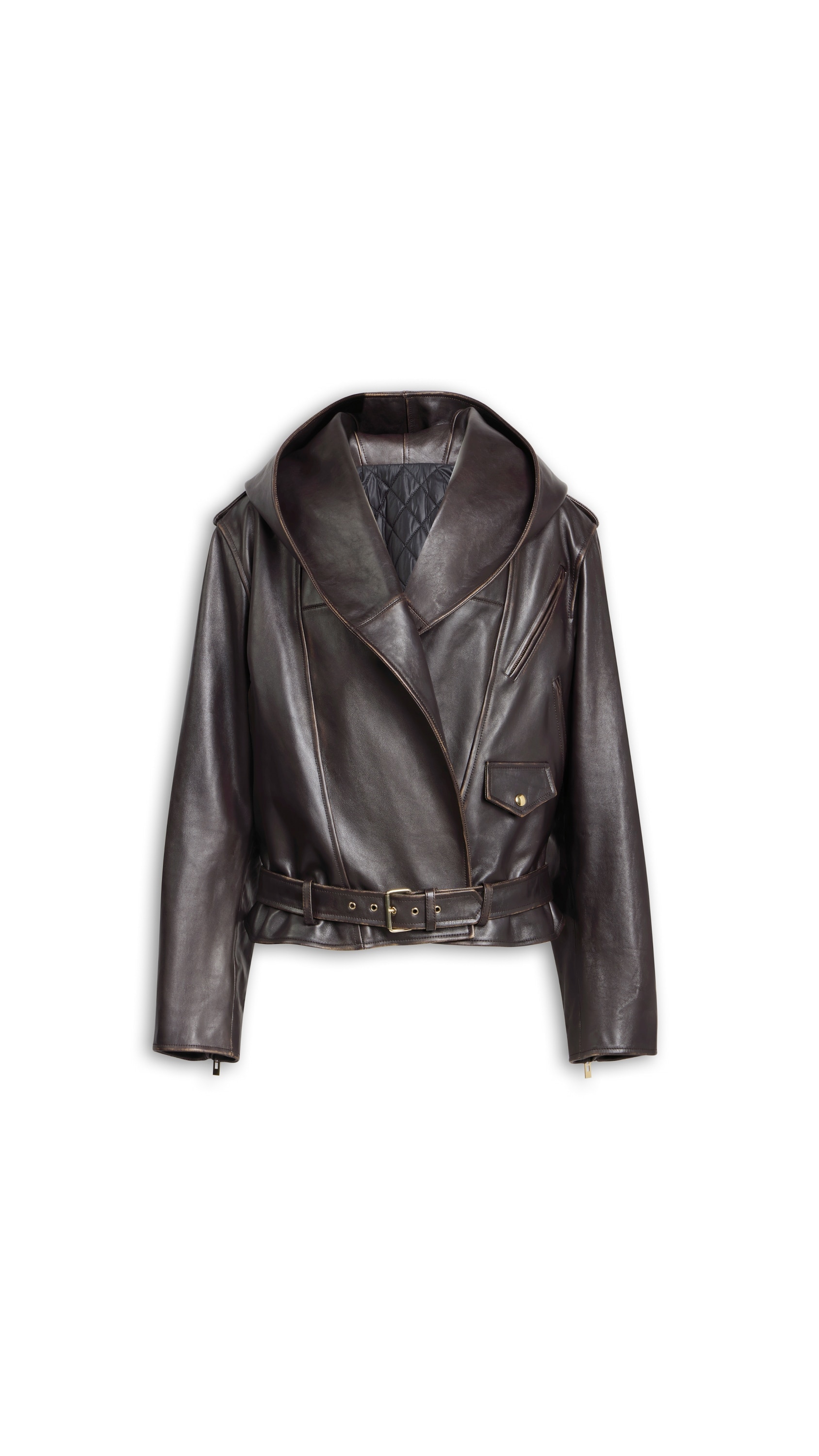LEATHER HOODED BIKER JACKET
