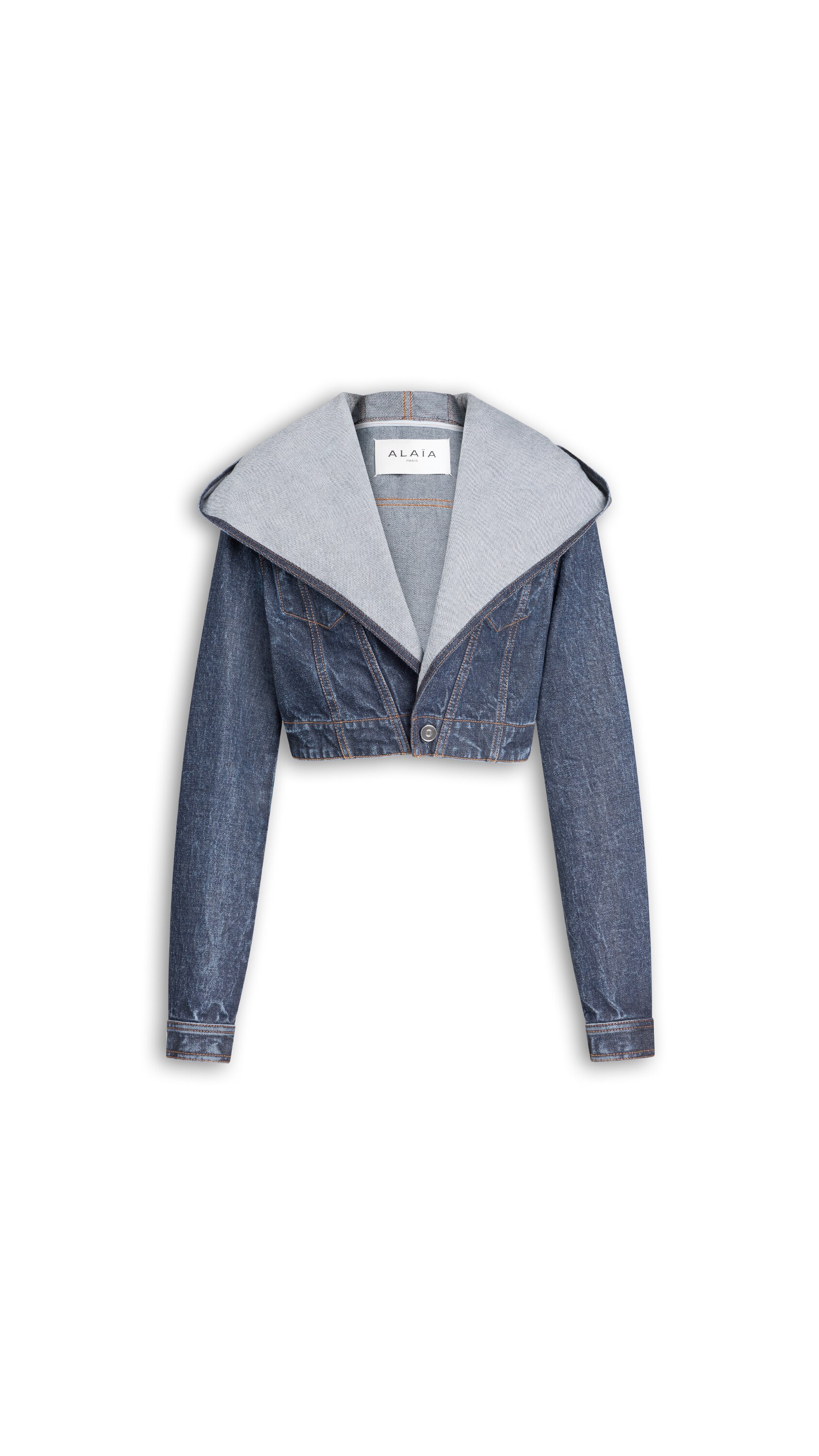 ALAÏA デニム クロップド フードジャケット ドックブルー | ALAÏA JP