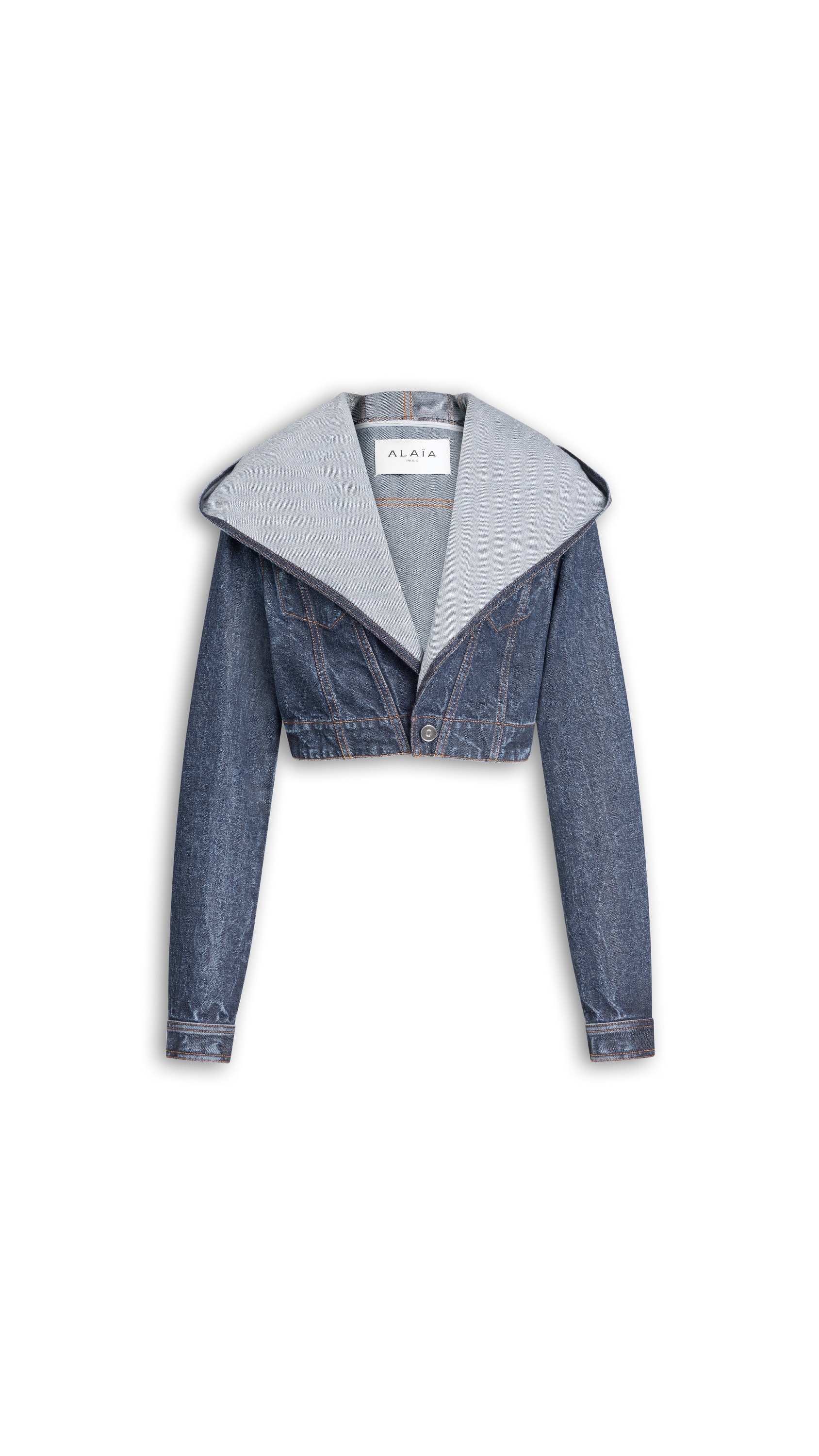 ALAÏA DOCK BLUE CROPPED HOODED DENIM JACKET | ALAÏA US