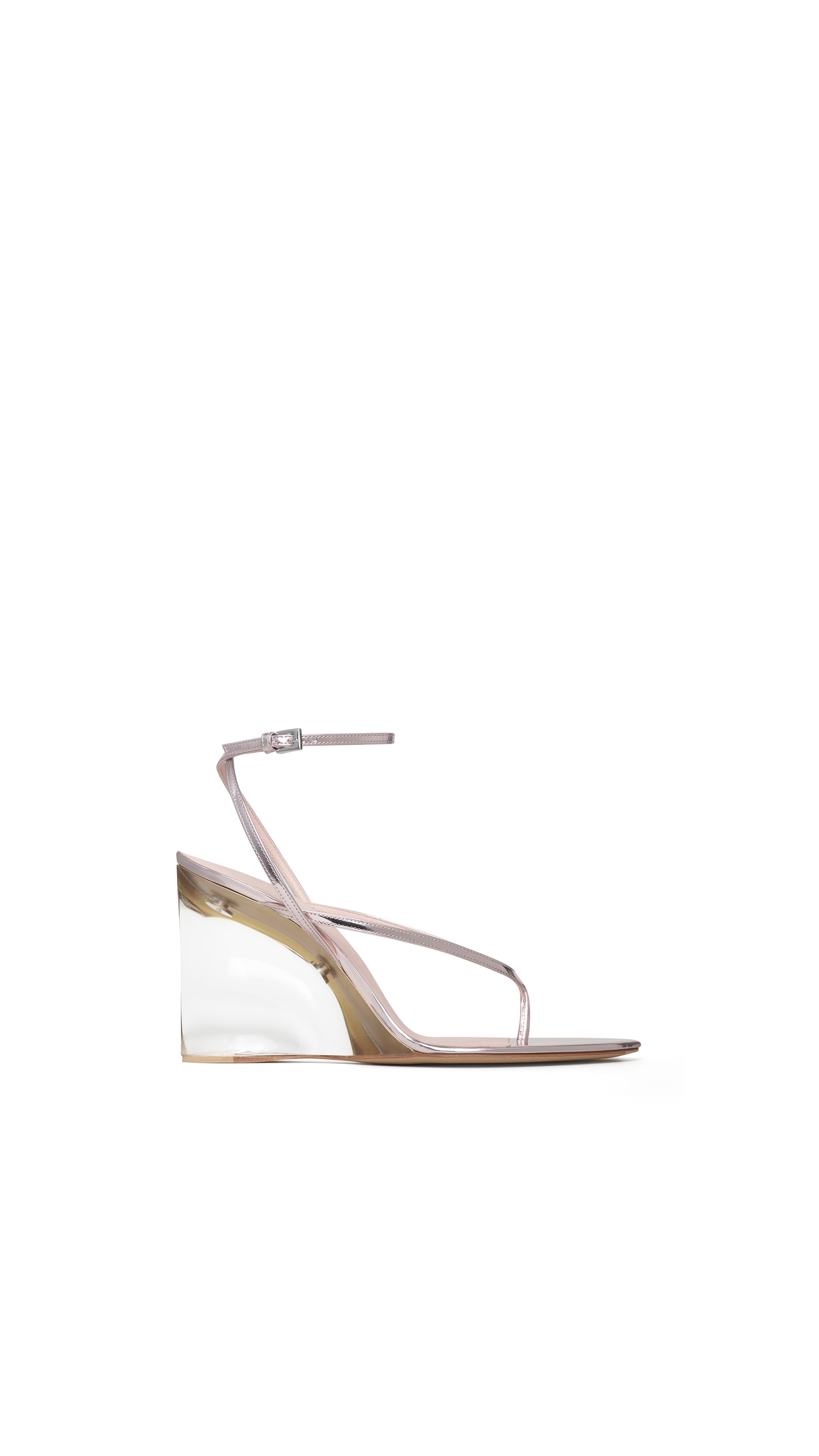 ALAÏA BLUSH/SILVER INVISIBLE THONG SANDALS IN MIRROR CALFSKIN