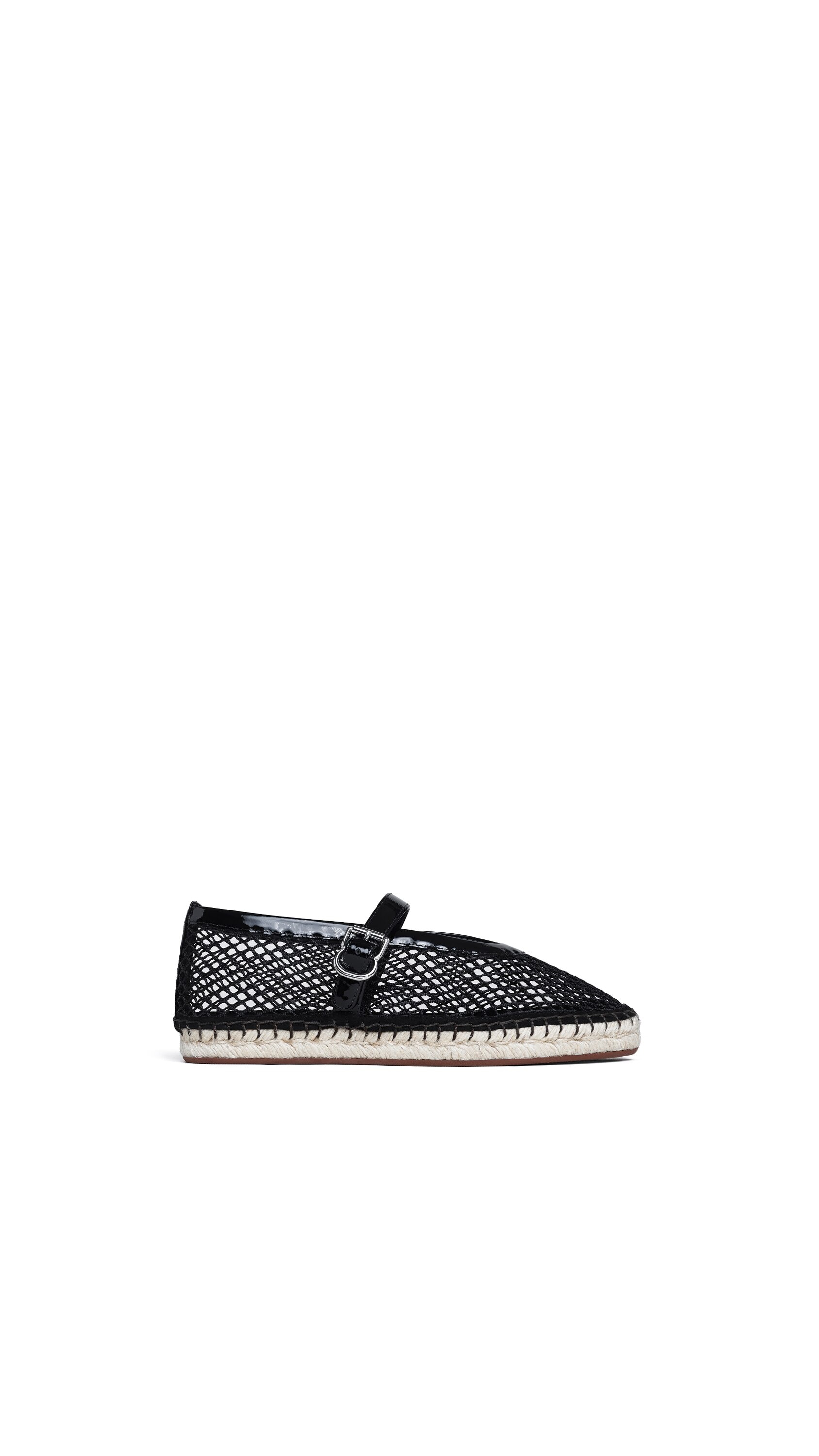 ALAÏA BLACK ESPADRILLES IN FISHNET AND PATENT LEATHER | ALAÏA US