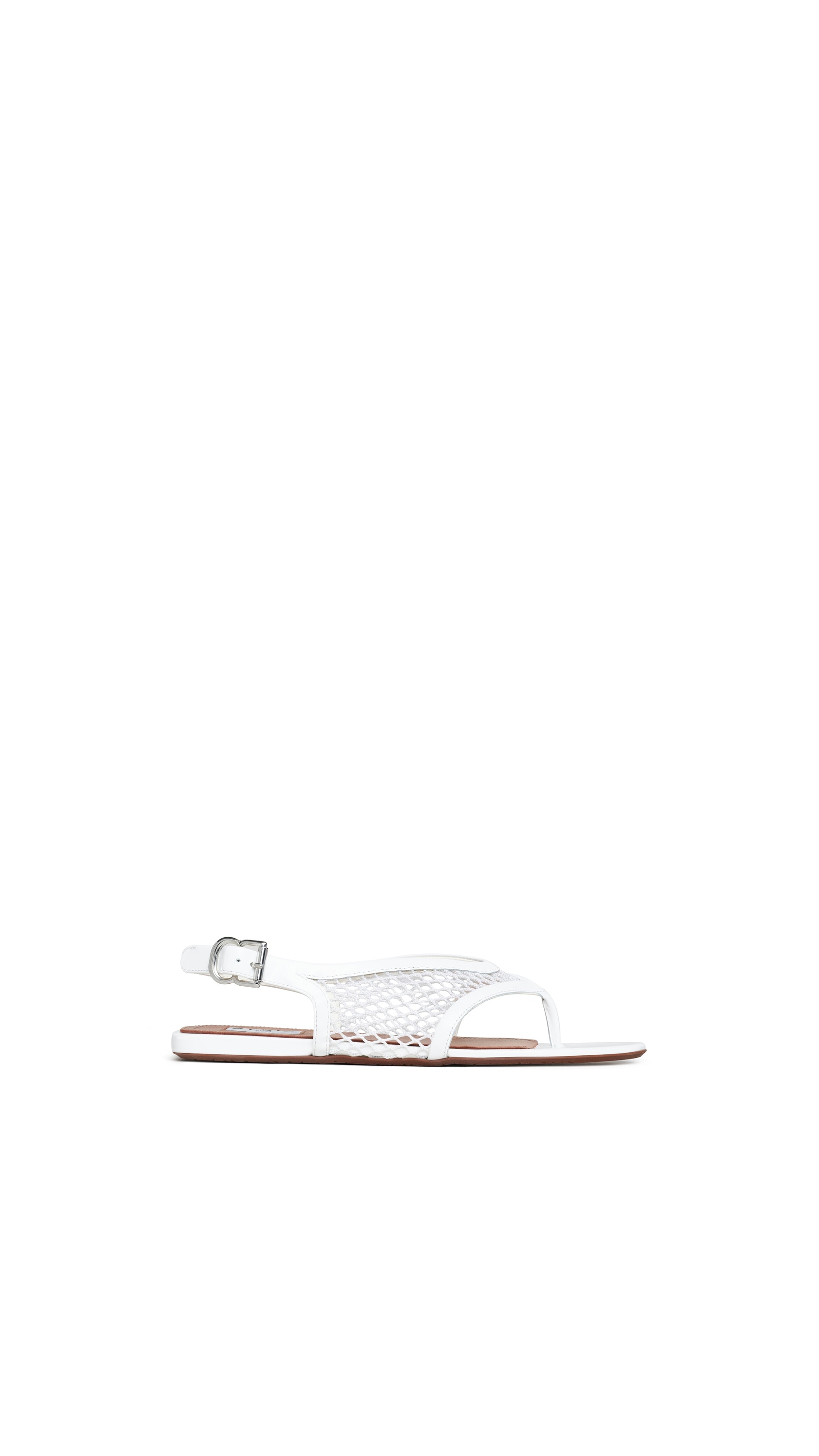 ALAÏA OPTICAL WHITE FISHNET THONG SANDALS IN PATENT CALFSKIN