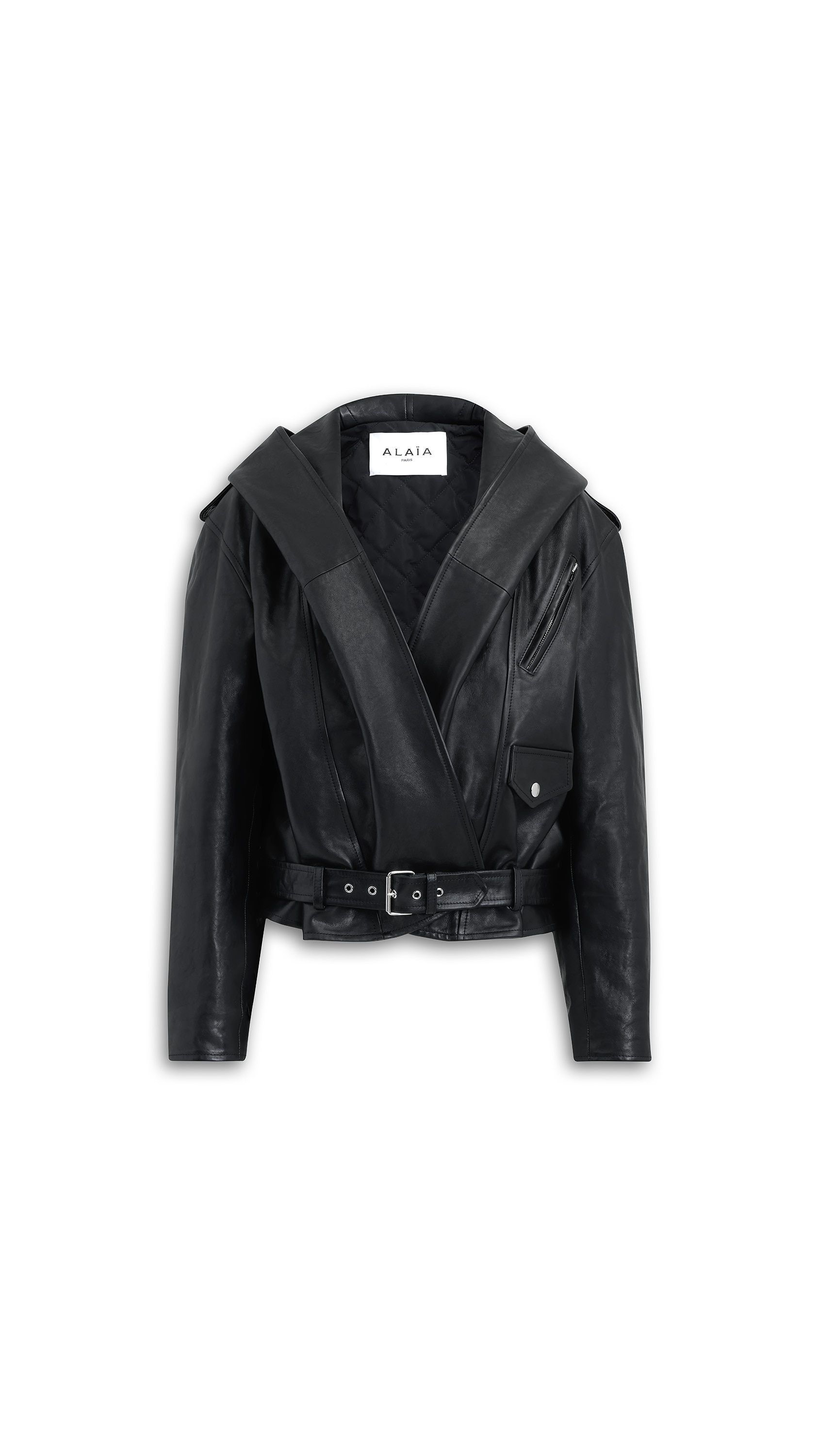 LEATHER HOODED BIKER JACKET