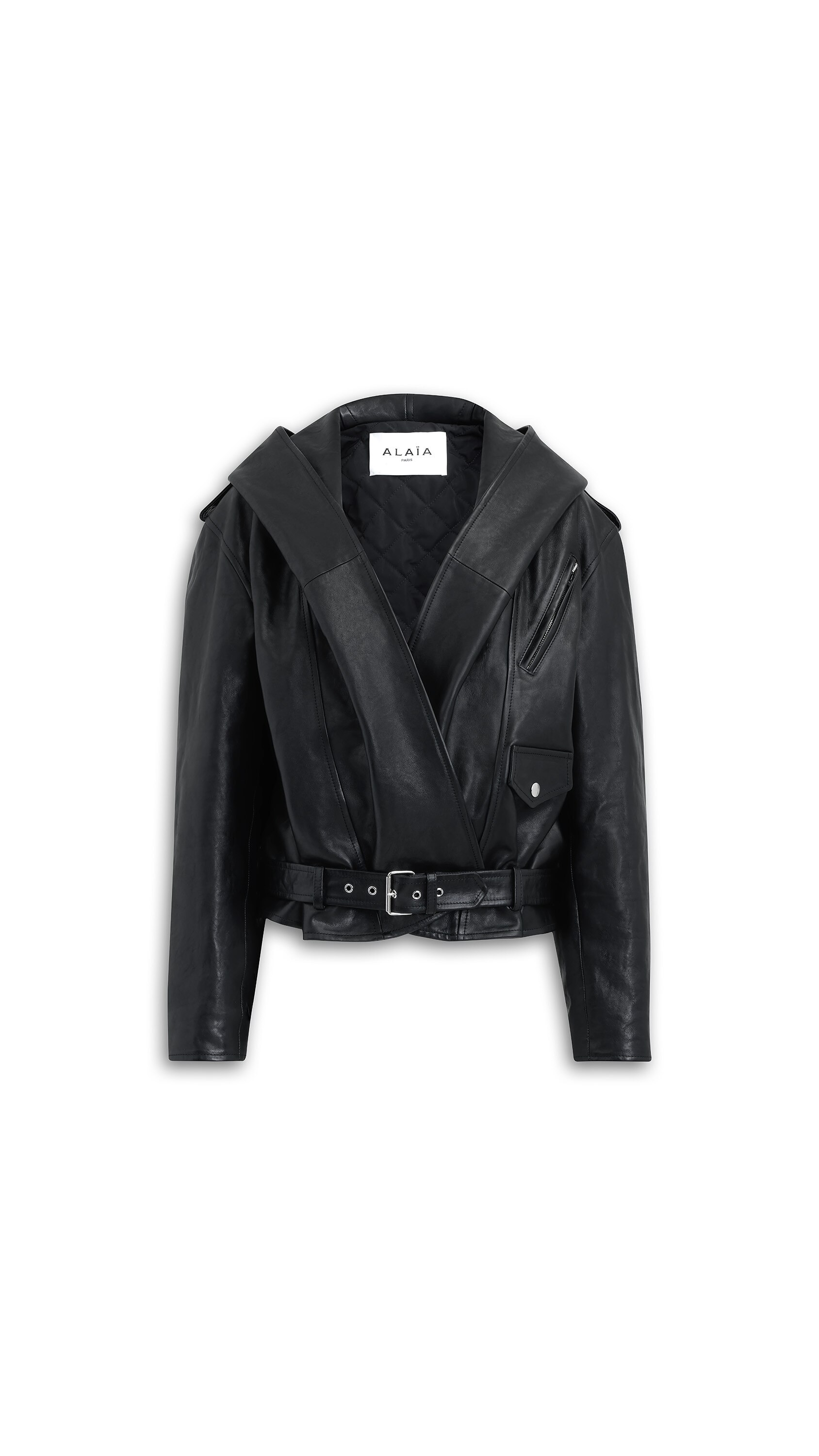 LEATHER HOODED BIKER JACKET