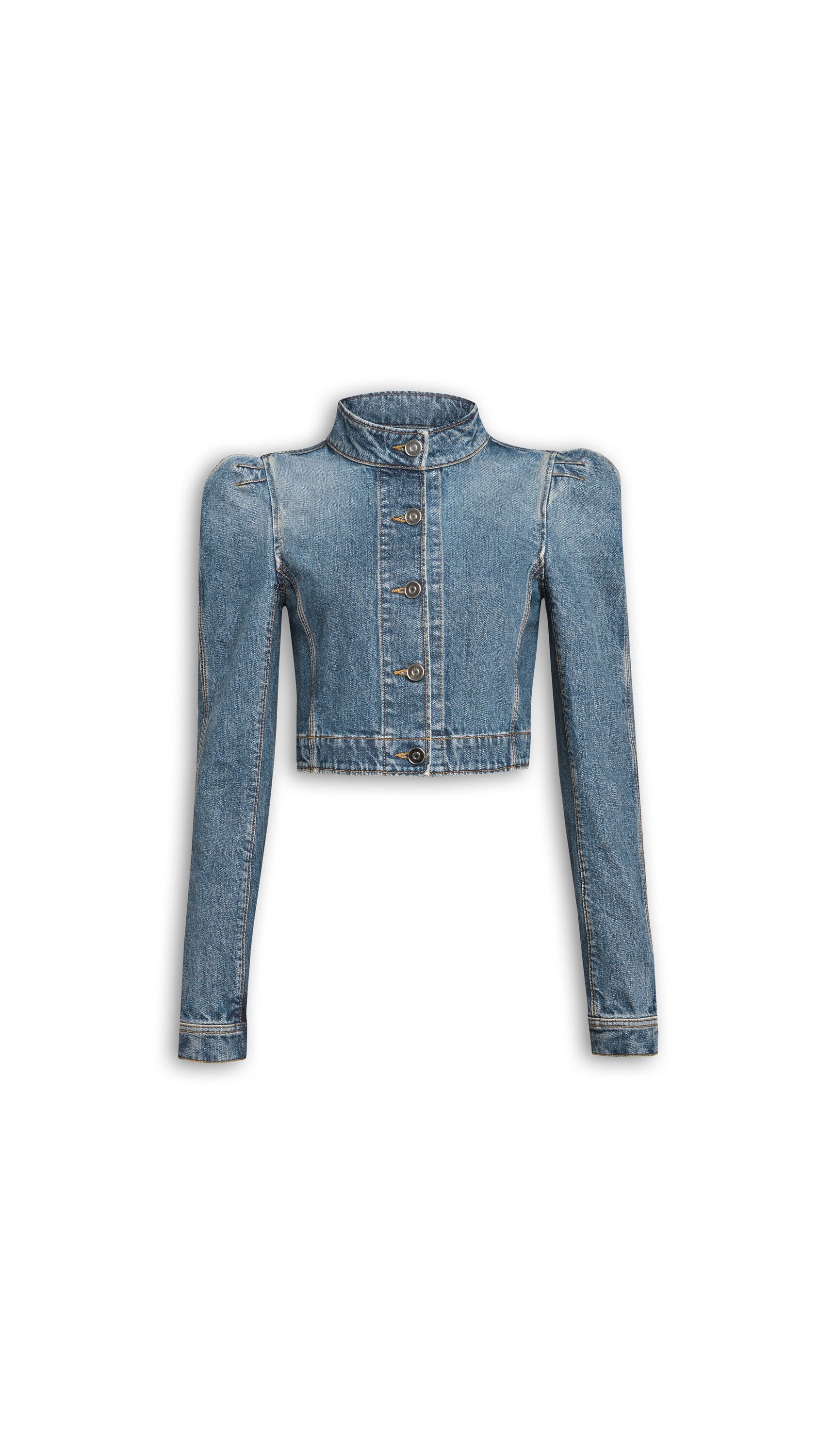 ALAÏA FADED BLUE DENIM HIGH NECK JACKET | ALAÏA US